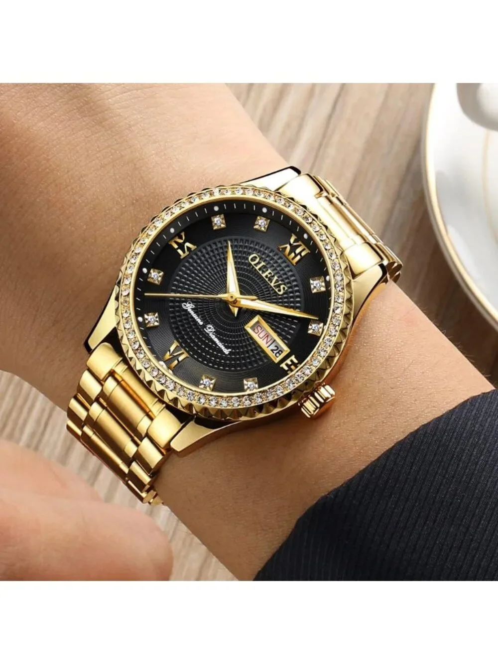 Men's Gold Black Diamond Stainless Steel Waterproof Luminous Luxury Analog Watch